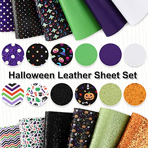 Whaline Halloween Faux Leather Sheets 8 x 12 Inch Pumpkin Ghost Dots Synthetic Leather Fabric Glittery Black Orange Green Faux Leather for Halloween DIY Craft Earring Hair Bow, 12 Sheet