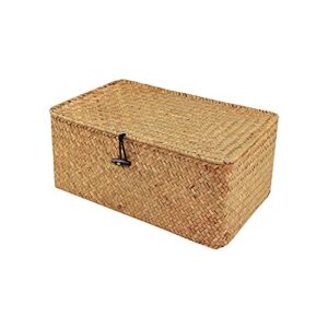 wicker storage basket with lid, natural woven rattan seagrass storage box rectangular household organizer boxes shelf wardrobe organizer (l)