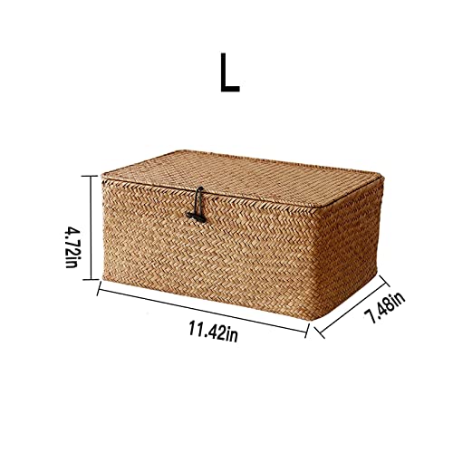 Wicker Storage Basket with Lid, Natural Woven Rattan Seagrass Storage Box Rectangular Household Organizer Boxes Shelf Wardrobe Organizer (L)