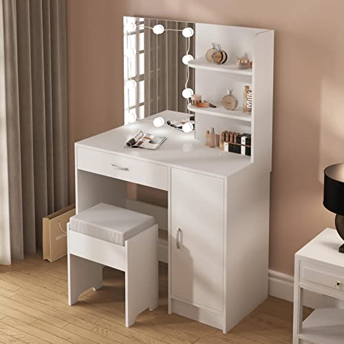 Makeup Vanity with Lights, Vanity Desk with Mirror and Lights Set, Large Drawer and Two-Tier Lots Storage Cabinet Dresser, 3 Lighting Modes Adjustable Brightness, Makeup Table for Bedroom, White