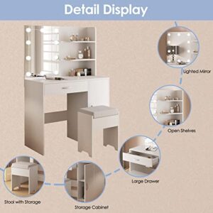 Makeup Vanity with Lights, Vanity Desk with Mirror and Lights Set, Large Drawer and Two-Tier Lots Storage Cabinet Dresser, 3 Lighting Modes Adjustable Brightness, Makeup Table for Bedroom, White