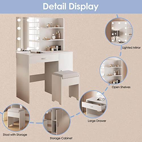 Makeup Vanity with Lights, Vanity Desk with Mirror and Lights Set, Large Drawer and Two-Tier Lots Storage Cabinet Dresser, 3 Lighting Modes Adjustable Brightness, Makeup Table for Bedroom, White