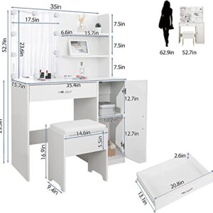 Makeup Vanity with Lights, Vanity Desk with Mirror and Lights Set, Large Drawer and Two-Tier Lots Storage Cabinet Dresser, 3 Lighting Modes Adjustable Brightness, Makeup Table for Bedroom, White