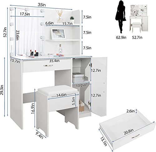 Makeup Vanity with Lights, Vanity Desk with Mirror and Lights Set, Large Drawer and Two-Tier Lots Storage Cabinet Dresser, 3 Lighting Modes Adjustable Brightness, Makeup Table for Bedroom, White