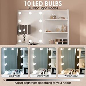 Makeup Vanity with Lights, Vanity Desk with Mirror and Lights Set, Large Drawer and Two-Tier Lots Storage Cabinet Dresser, 3 Lighting Modes Adjustable Brightness, Makeup Table for Bedroom, White