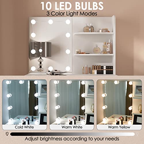 Makeup Vanity with Lights, Vanity Desk with Mirror and Lights Set, Large Drawer and Two-Tier Lots Storage Cabinet Dresser, 3 Lighting Modes Adjustable Brightness, Makeup Table for Bedroom, White