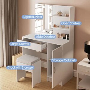 Makeup Vanity with Lights, Vanity Desk with Mirror and Lights Set, Large Drawer and Two-Tier Lots Storage Cabinet Dresser, 3 Lighting Modes Adjustable Brightness, Makeup Table for Bedroom, White