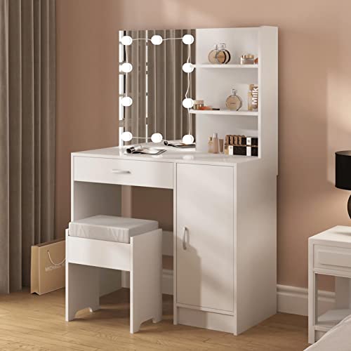 Makeup Vanity with Lights, Vanity Desk with Mirror and Lights Set, Large Drawer and Two-Tier Lots Storage Cabinet Dresser, 3 Lighting Modes Adjustable Brightness, Makeup Table for Bedroom, White