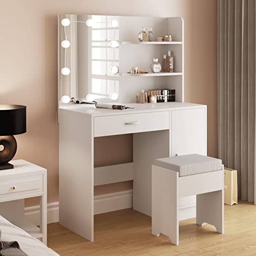 Makeup Vanity with Lights, Vanity Desk with Mirror and Lights Set, Large Drawer and Two-Tier Lots Storage Cabinet Dresser, 3 Lighting Modes Adjustable Brightness, Makeup Table for Bedroom, White