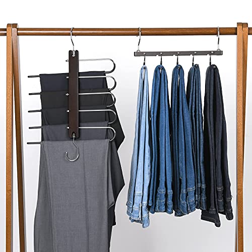 Wetheny Pants Hangers Space Saving 2 Pack-Wooden Hangers for Pants Scarf Jeans Skirt- Multifunctional Pants Rack for Closet Organizers and Storage