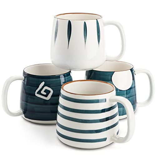 DEAYOU 4-Pack Porcelain Coffee Mugs, 17 Oz Ceramic Coffee Cups with Handles, Large Stoneware Mugs for Tea, Hot or Cold Drinks, Cappucino, Hot Chocolate, Milk, Gift, Hand-Painted Patterns (4 Styles)