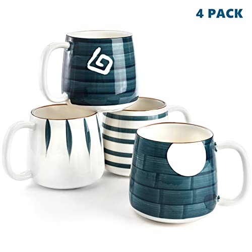 DEAYOU 4-Pack Porcelain Coffee Mugs, 17 Oz Ceramic Coffee Cups with Handles, Large Stoneware Mugs for Tea, Hot or Cold Drinks, Cappucino, Hot Chocolate, Milk, Gift, Hand-Painted Patterns (4 Styles)