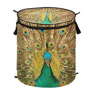 xigua large pop-up laundry basket with zipper lid, round collapsible storage basket,dirty clothes hamper for bedroom, beautiful peacock