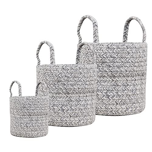 Super Area Rugs Farmhouse Plant Basket/Planter Multi Purpose Open Top Bin with Handles, Cotton Rope Basket, 8-inch, 10-inch and 12-inch Grey & White