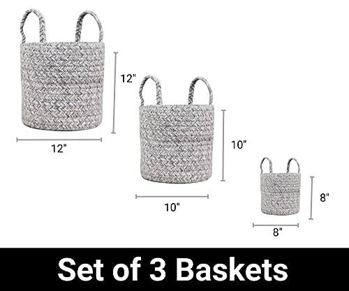 Super Area Rugs Farmhouse Plant Basket/Planter Multi Purpose Open Top Bin with Handles, Cotton Rope Basket, 8-inch, 10-inch and 12-inch Grey & White