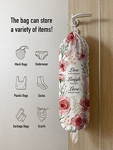 Hglian Grocery Plastic Bag Holder Dispenser, Inspirational Farmhouse Plastic Bag Organizer Storage Container for Shopping Trash Bags,Cute Flowers Kitchen Décor Gifts for Women Mom Friend Grandma Pink