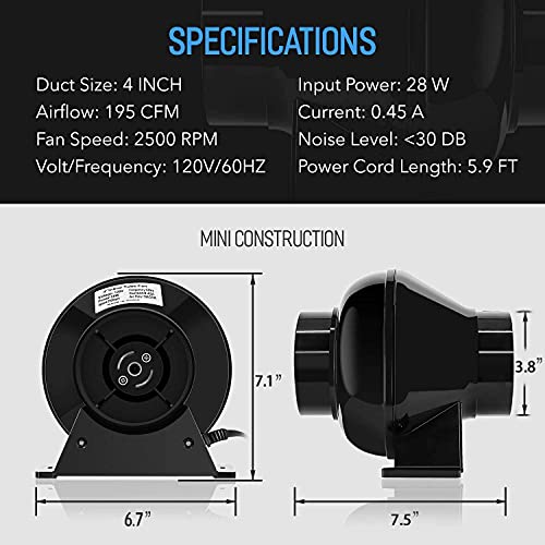 iPower 4 Inch 195 CFM Inline Fan Circulation Vent Blower, Air Carbon Filter and 8 Feet Flexible Ducting for Grow Tent Ventilation, Exhaust, 4" Fan & Filter, HVAC Heating Cooling