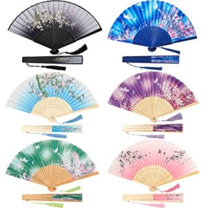 Barydat 6 Pieces Folding Fans Chinese Style Bamboo Handheld Fans Vintage Silk Fabric Holding Fan Foldable for Wedding Dancing Cosplay Party Wall Decoration