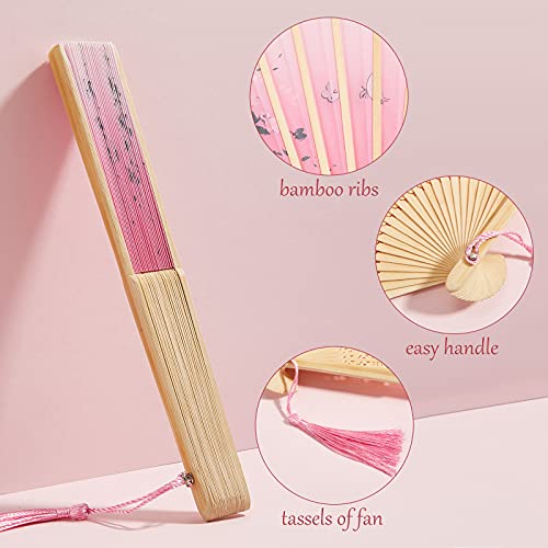 Barydat 6 Pieces Folding Fans Chinese Style Bamboo Handheld Fans Vintage Silk Fabric Holding Fan Foldable for Wedding Dancing Cosplay Party Wall Decoration