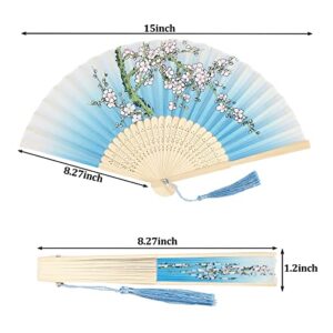 Barydat 6 Pieces Folding Fans Chinese Style Bamboo Handheld Fans Vintage Silk Fabric Holding Fan Foldable for Wedding Dancing Cosplay Party Wall Decoration