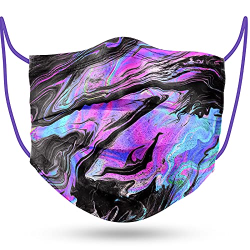 NiHealth 50PCS Purple/Black Tie-Dye Adults Disposable Face Masks Tomorotec Individually Wrapped Purple Liquid Flowing Pattern 3-Ply Masks