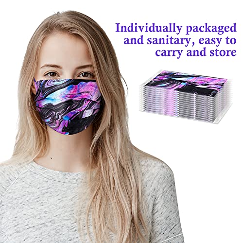 NiHealth 50PCS Purple/Black Tie-Dye Adults Disposable Face Masks Tomorotec Individually Wrapped Purple Liquid Flowing Pattern 3-Ply Masks