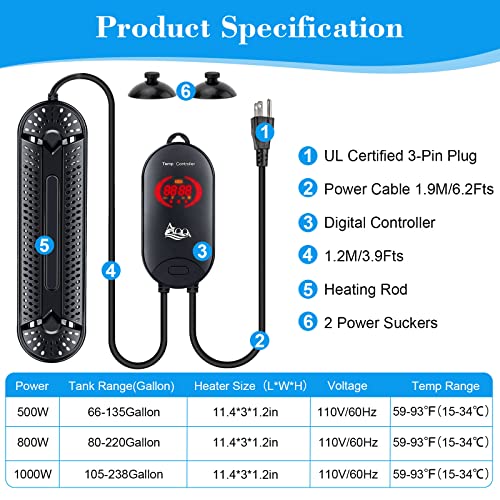 AQQA Aquarium Heater 800W for 80-220 Gallon Submersible Fish Tank Heater for Aquarium Betta Fish Heater Aquarium Thermostat Heater Hydroponic Freshwater & Saltwater (800W, 80-220Gal)