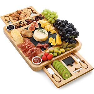 easoger large charcuterie board (28"×13"×1.6") with 2 drawers, bamboo cheese board with knife set, 2 ceramic bowl, cutting protection natural slate and non-slip feet, ideal for housewarming gift