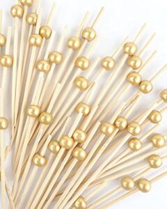 gold pearl cocktail picks, 200 pcs reusable toothpicks for appetizers, 4.7 inch handmade bamboo skewers for party
