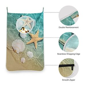 xigua Summer Beach Starfish And Seashell Hanging Laundry Hamper Bag, Hanging Laundry Basket for Holding Dirty Clothes, Space Saving Hanging Laundry Bag with Free Adjustable Steel & Suction Cup Hooks 1
