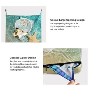 xigua Summer Beach Starfish And Seashell Hanging Laundry Hamper Bag, Hanging Laundry Basket for Holding Dirty Clothes, Space Saving Hanging Laundry Bag with Free Adjustable Steel & Suction Cup Hooks 1