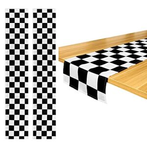 2 pieces checkerboard racing theme ​flag black and white polyester tablecloths buffalo check table runners farmhouse picnic table cover for anniversary checkerboard party birthday (12.6 x 72 inch)