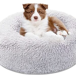 Calming Donut Cat and Dog Bed, Anti Anxiety Cuddler Round Calming Donut for Small/Medium/Large Pets, Machine Wash Puppy Bed Furniture, High Pillow, Provide Warm Indoor Pet Bed (23", Grey)