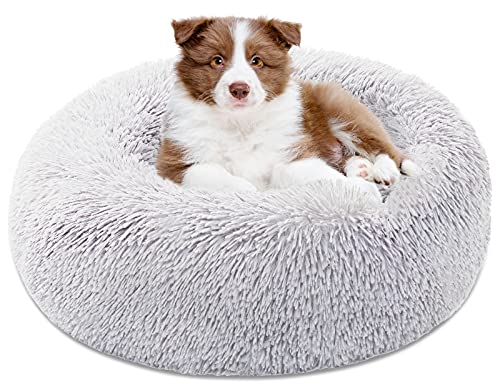 Calming Donut Cat and Dog Bed, Anti Anxiety Cuddler Round Calming Donut for Small/Medium/Large Pets, Machine Wash Puppy Bed Furniture, High Pillow, Provide Warm Indoor Pet Bed (23", Grey)