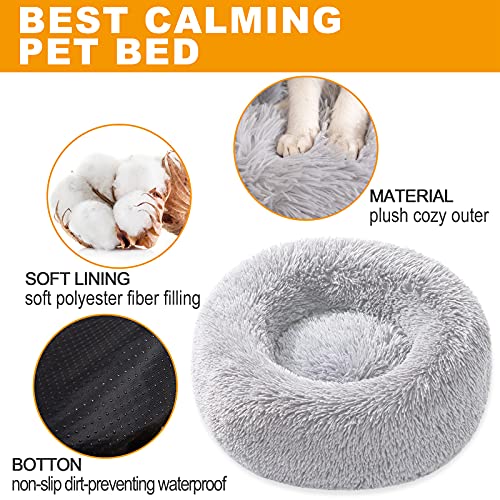 Calming Donut Cat and Dog Bed, Anti Anxiety Cuddler Round Calming Donut for Small/Medium/Large Pets, Machine Wash Puppy Bed Furniture, High Pillow, Provide Warm Indoor Pet Bed (23", Grey)