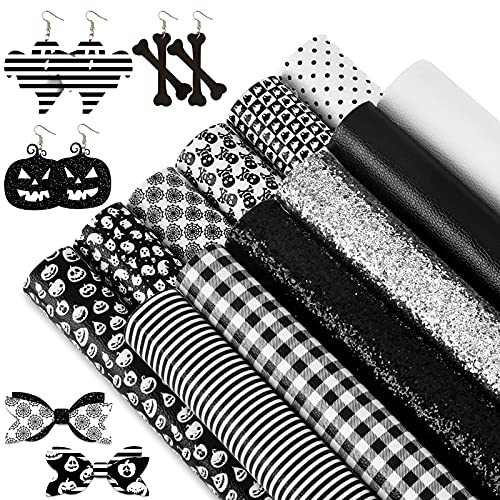 Whaline Halloween Faux Leather Sheets 8 x 12 Inch Pumpkin Ghost Cat Spider Web Synthetic Leather Fabric Glittery Black Silver White Faux Leather for Halloween DIY Craft Earring Hair Bow, 12 Sheet