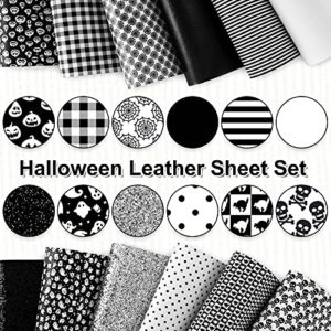 Whaline Halloween Faux Leather Sheets 8 x 12 Inch Pumpkin Ghost Cat Spider Web Synthetic Leather Fabric Glittery Black Silver White Faux Leather for Halloween DIY Craft Earring Hair Bow, 12 Sheet