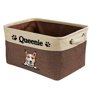 malihong personalized foldable storage basket with cute dog pembroke welsh corgi collapsible sturdy fabric pet toys storage bin cube with handles for organizing shelf home closet, brown and white
