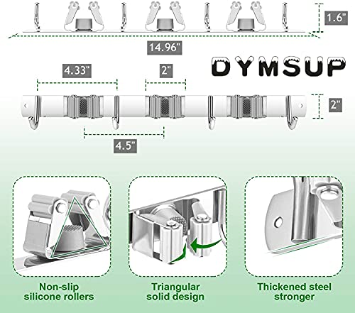 DYMSUP Mop Broom Holder Wall Mounted,3 Rack 4 Hooks Heavy Duty Mop and Broom Organizer Wall Hanging,Stainless Steel Broom Closet Garden Garage Door Tools Hanger Storage 1 Pack