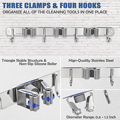 DYMSUP Mop Broom Holder Wall Mounted,3 Rack 4 Hooks Heavy Duty Mop and Broom Organizer Wall Hanging,Stainless Steel Broom Closet Garden Garage Door Tools Hanger Storage 1 Pack