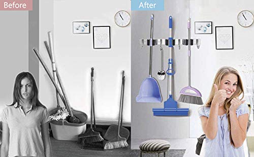 DYMSUP Mop Broom Holder Wall Mounted,3 Rack 4 Hooks Heavy Duty Mop and Broom Organizer Wall Hanging,Stainless Steel Broom Closet Garden Garage Door Tools Hanger Storage 1 Pack