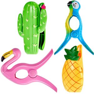 4 pieces cute beach towel clips flamingo parrot cactus pineapple chair clips plastic lounge chair clamps portable towel holders clips for home beach pool lounge chairs supplies accessories