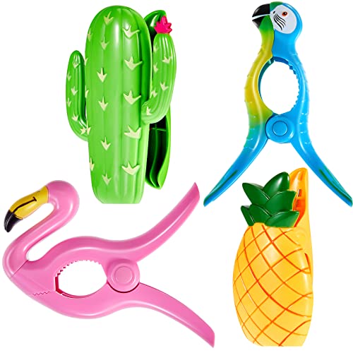 4 Pieces Cute Beach Towel Clips Flamingo Parrot Cactus Pineapple Chair Clips Plastic Lounge Chair Clamps Portable Towel Holders Clips for Home Beach Pool Lounge Chairs Supplies Accessories