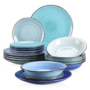 vancasso stoneware dinnerware set bonita blue 18-piece service for 6, handpainted spirals pattern ceramic combination set with 10.6in dinner plate, 8.2in dessert plate and 21oz soup bowl