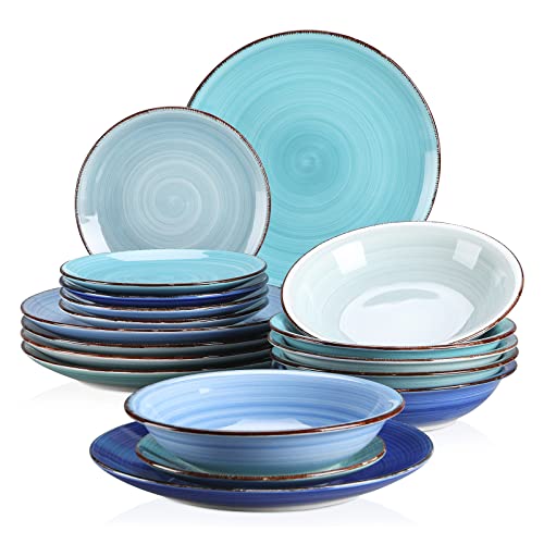 vancasso Stoneware Dinnerware Set Bonita Blue 18-Piece Service for 6, Handpainted Spirals Pattern Ceramic Combination Set with 10.6in Dinner Plate, 8.2in Dessert Plate and 21oz Soup Bowl