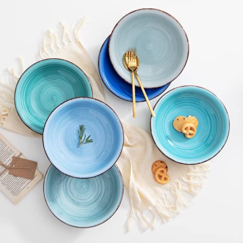 vancasso Stoneware Dinnerware Set Bonita Blue 18-Piece Service for 6, Handpainted Spirals Pattern Ceramic Combination Set with 10.6in Dinner Plate, 8.2in Dessert Plate and 21oz Soup Bowl