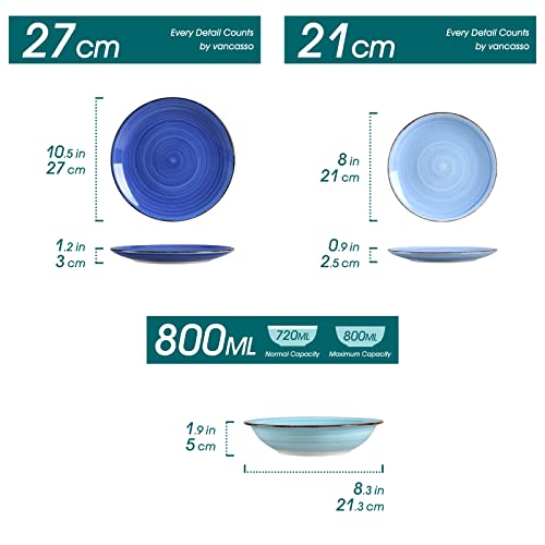 vancasso Stoneware Dinnerware Set Bonita Blue 18-Piece Service for 6, Handpainted Spirals Pattern Ceramic Combination Set with 10.6in Dinner Plate, 8.2in Dessert Plate and 21oz Soup Bowl