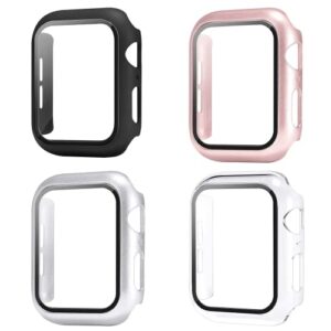 sobrilli 4 pack case tempered glass screen protector compatible with iwatch 38mm series 3/2/1, hard pc bumper case protective cover frame compatible with iwatch 38mm (black/rose gold/silver/clear)