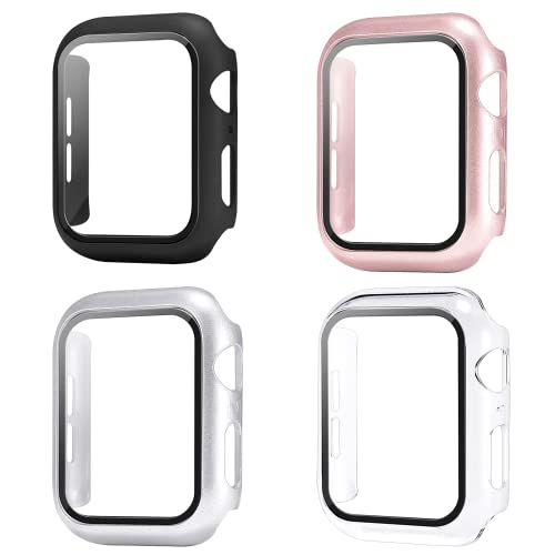 Sobrilli 4 Pack Case Tempered Glass Screen Protector Compatible with iWatch 38mm Series 3/2/1, Hard PC Bumper Case Protective Cover Frame Compatible with iWatch 38mm (Black/Rose Gold/Silver/Clear)