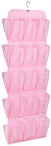 aooda hanging kids shoe organizer for closet rod double sided 30 large pockets baby shoe rack for toddler shoe holder with rotating hanger for barbie, baby nursery, (pink)